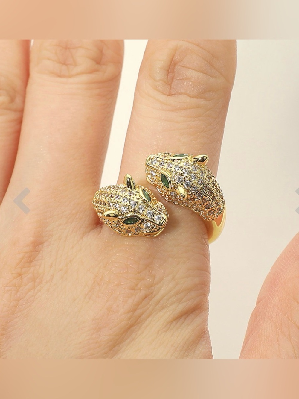 Gold Double Leopard Head Ring with Green Eyes - Women's Jewelry
